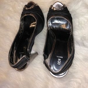 Black satin platform heels